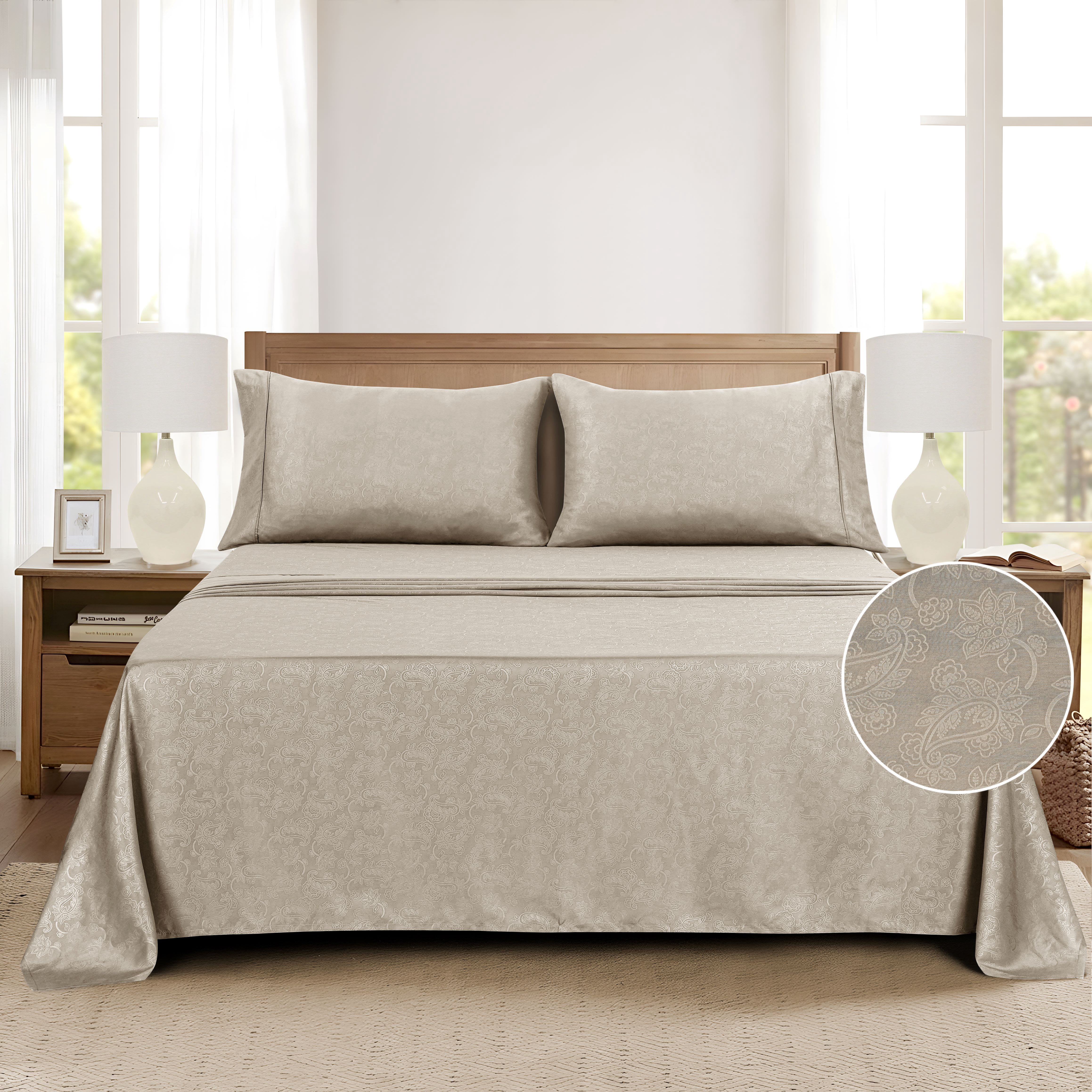 Mainstays Super Soft Brushed Microfiber Bed Sheet Set, Washed Tan Paisley, Full, 4 Piece