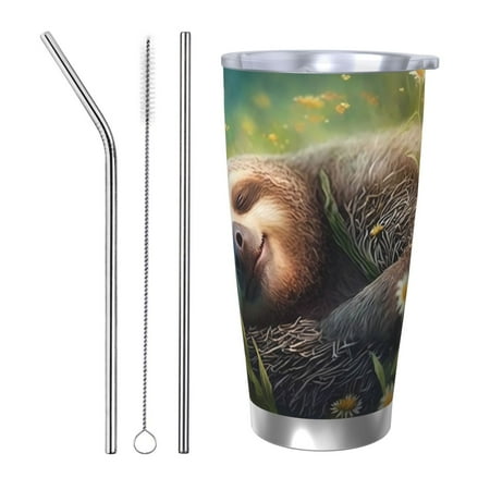 

Uemuo Daisy Sleeping Sloth Print Travel Coffee Mug 20oz Double-walled Car Cup Stainless Steel Insulated Tumbler Leak-proof Travel Cup Reusable Straw Car Cup-Straw Three-piece Set