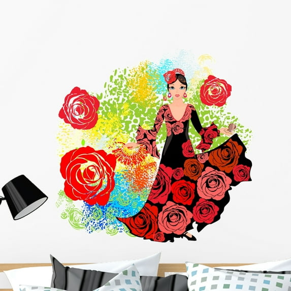 Flamenco Dancer with Roses Wall Mural by Wallmonkeys Peel and Stick Graphic (36 in W x 34 in H) WM220339