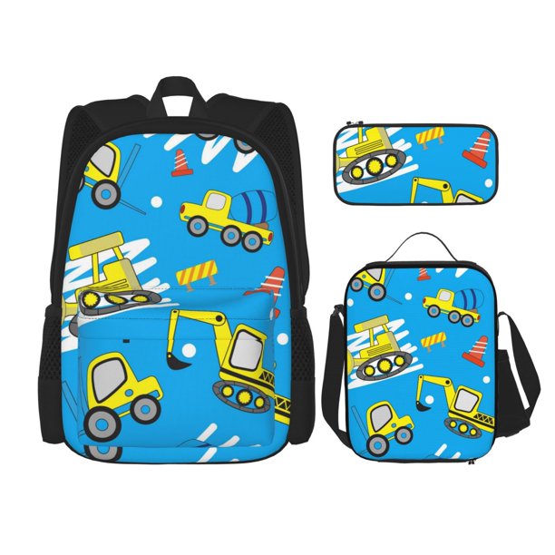 Disketp Cute Car Cartoon Mochila Estampada de Gran Capacidad con Lonchera y Estuche, Set de 3 Piezas para Estudiantes