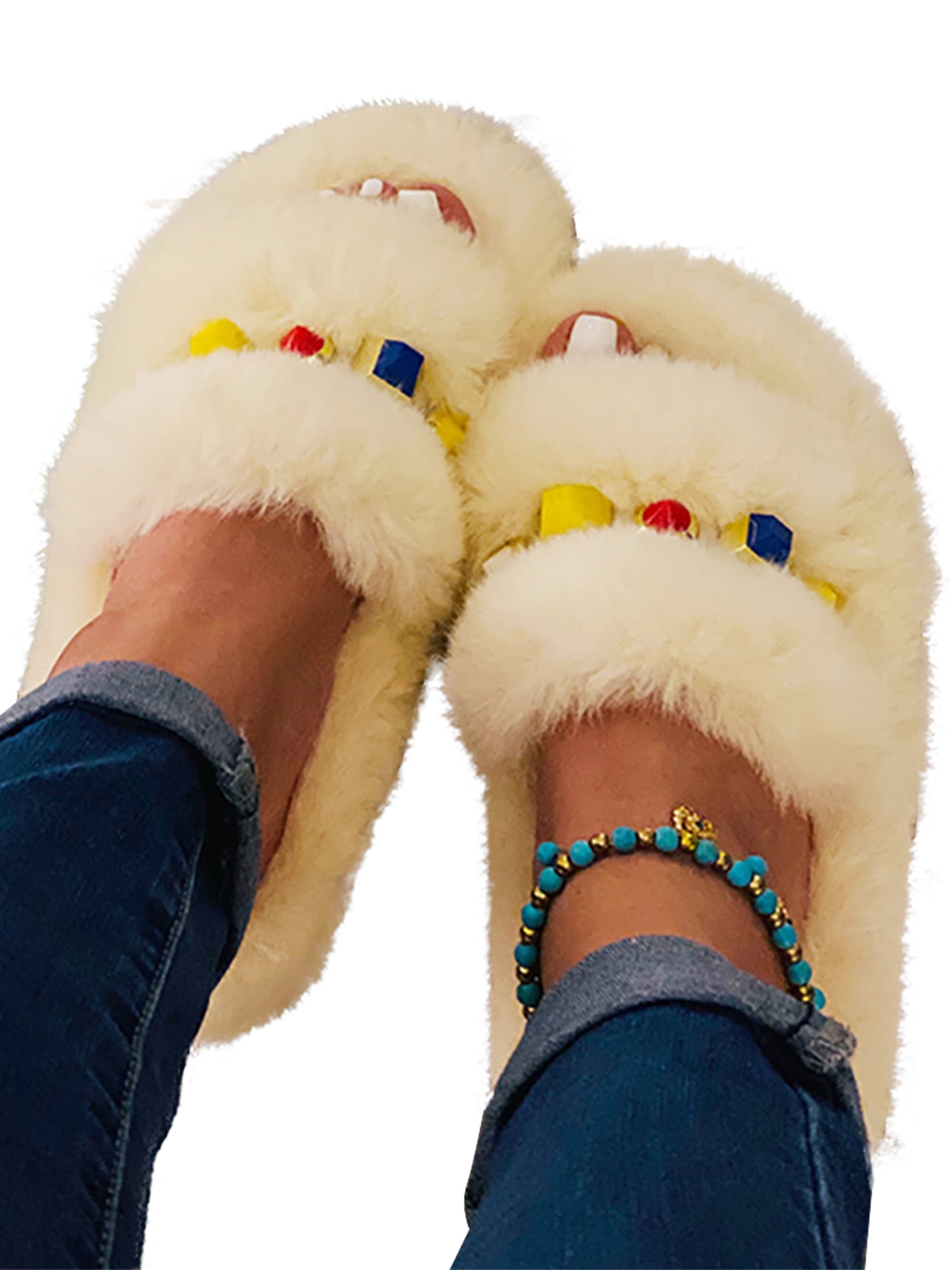 Womens Ladies Fluffy Sliders Sandals Diamante Summer Furry Slides Mules Size UK 
