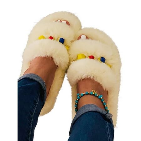 

LOVECOCO Womens Fluffy Faux Fur Slip on Slippers Winter Home Casual Open Toe Flat Warmer Shoes