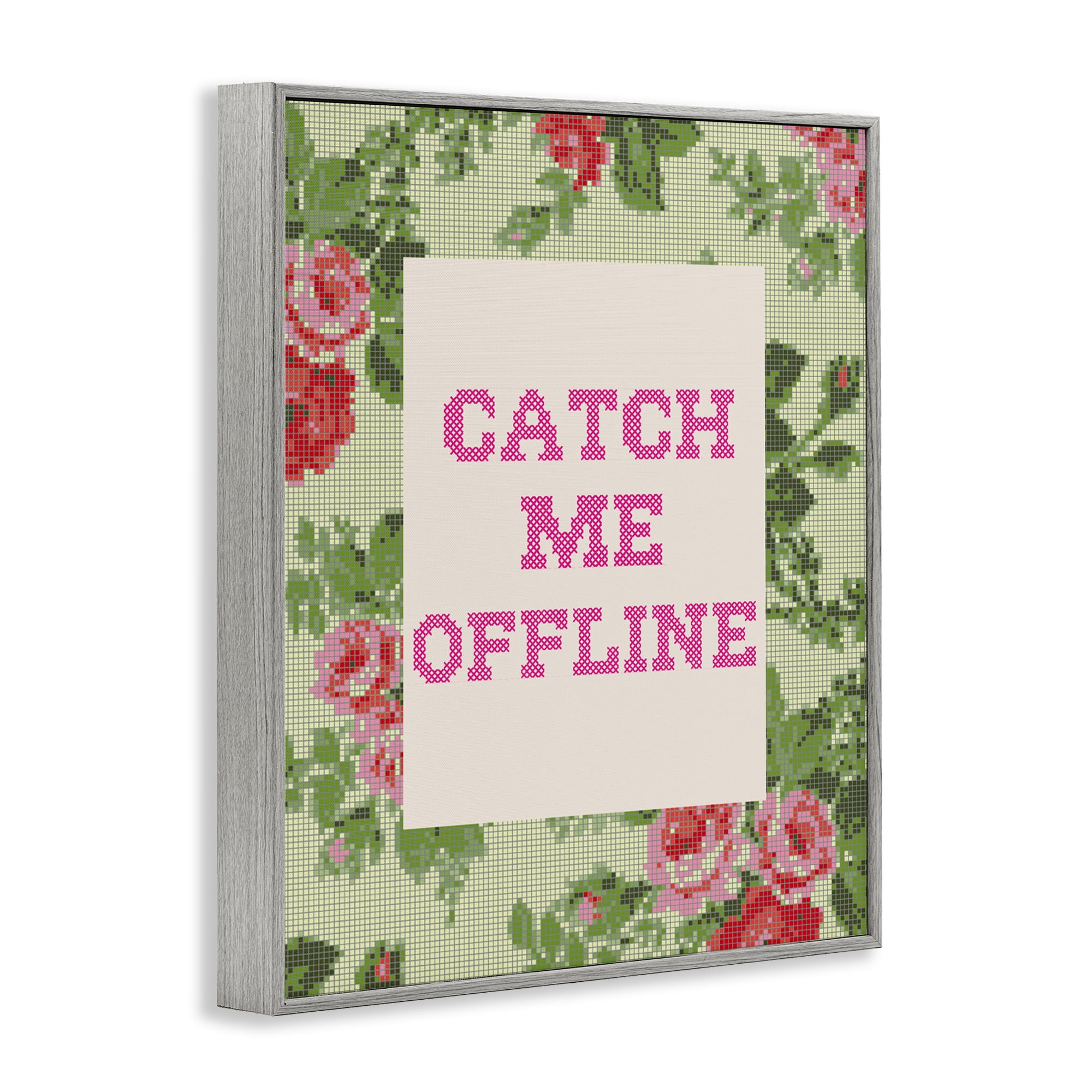 Stupell Industries Catch Me Offline Faux Cross Stitch Gray Framed Giclee Art, design by Lil' Rue