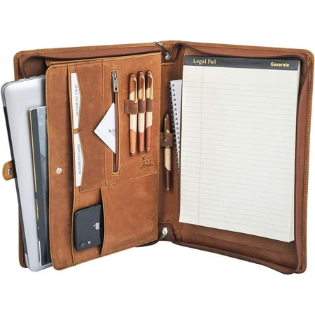 Genuine Leather Business Portfolio Padfolio Folder with Zipper for Men, Men's Leather Padfolio Folder for 13" Laptop, Business Portfolio with Letter Size Notepad, Graduation Gift,Brown