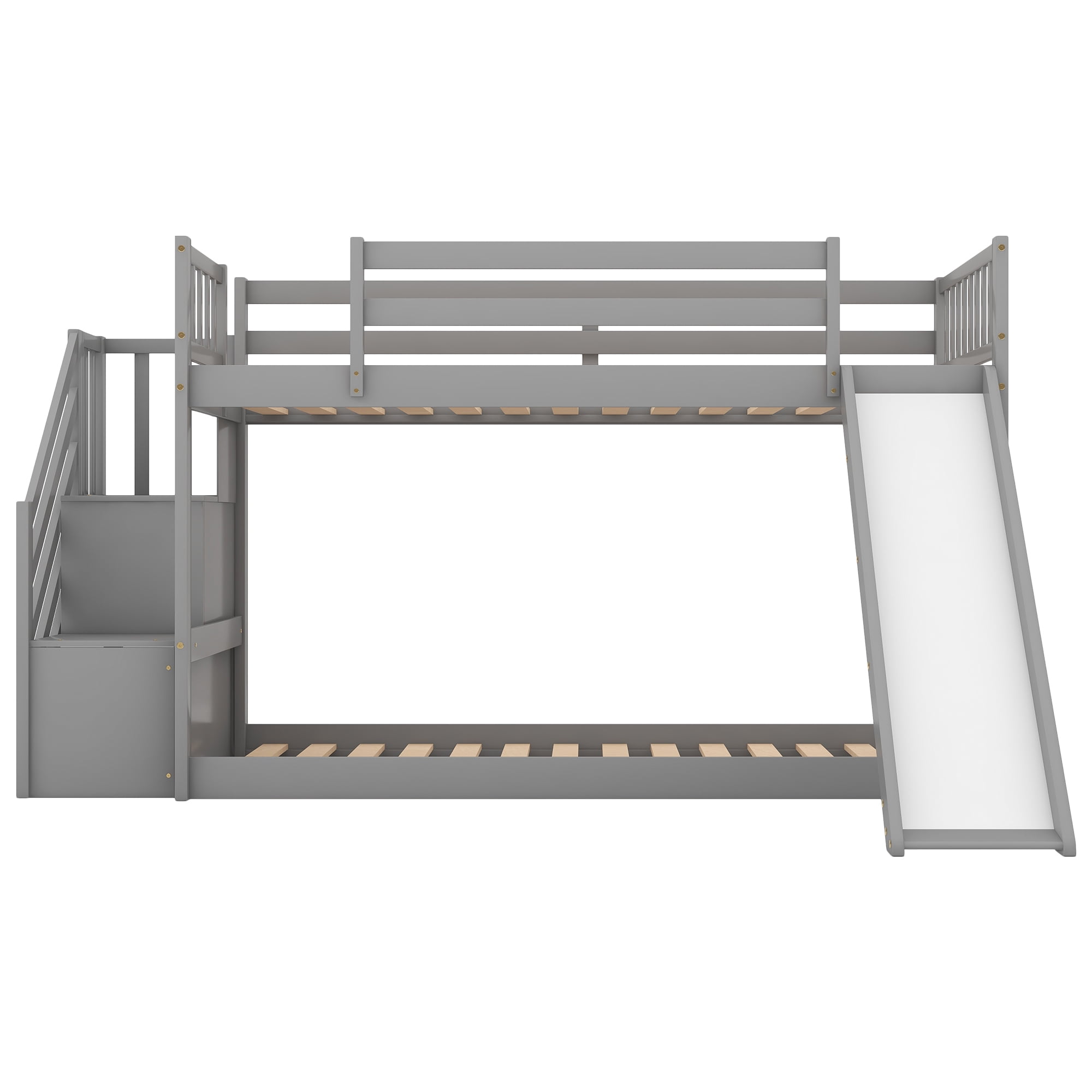 EUROCO Modern Wood Twin over Twin Bunk Bed with Slide and Staircase, Low Profile Bunk Bed with Storage for Kids Teens,Gray
