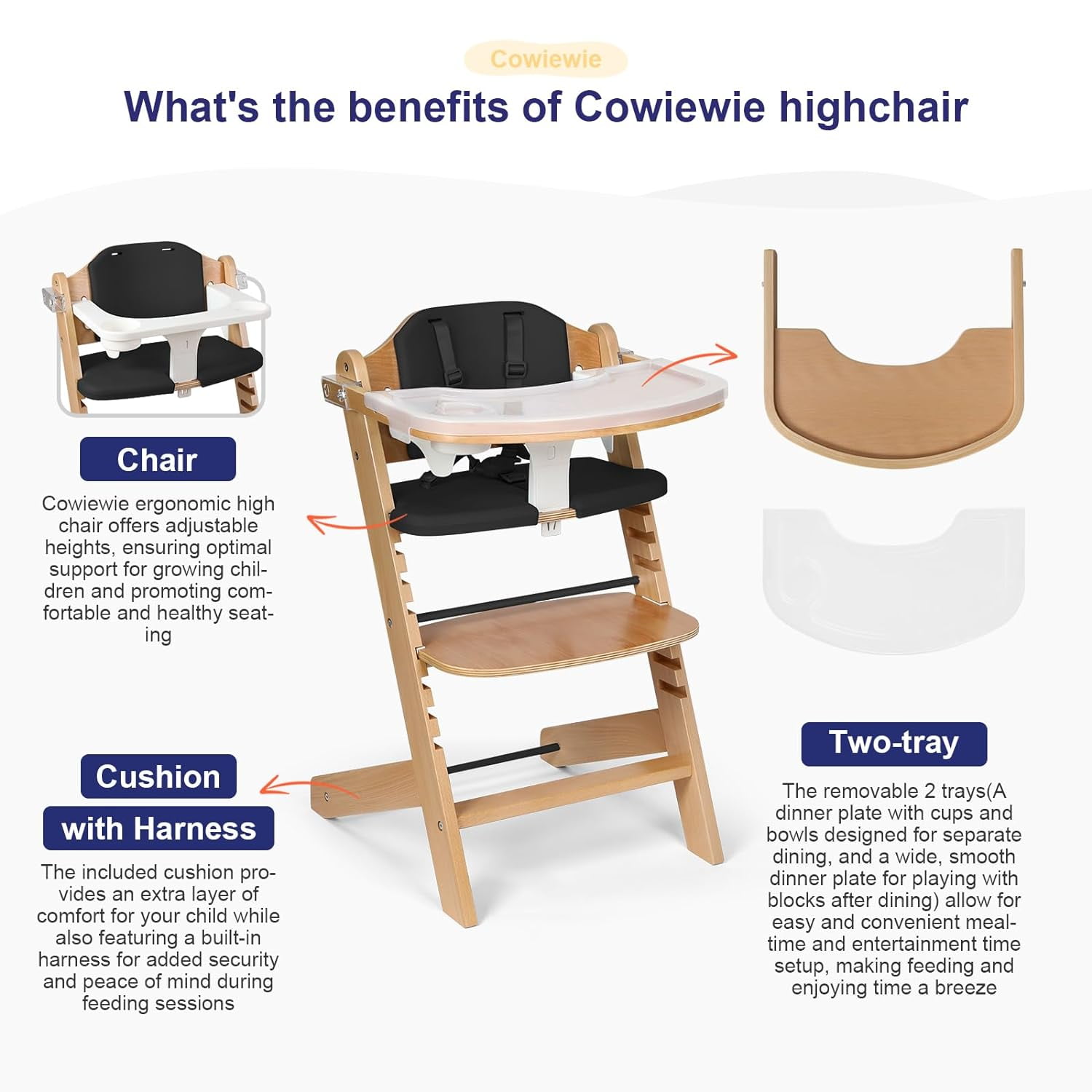 Cowiewie Wooden High Chair with 3 Tray, Toddler Feeding High Chair, 8 Height Adjustments, with Black Cushion and Harness