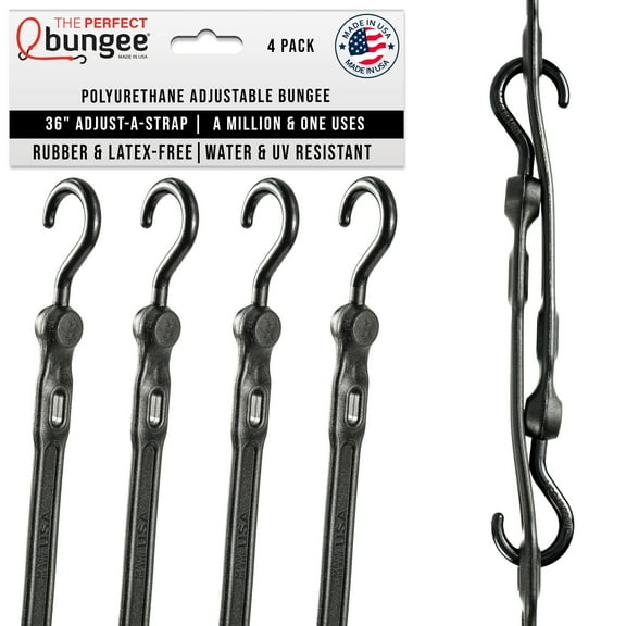 The Perfect Bungee 36-Inch Adjust-A-Strap Bungee with Nylon Hooks, UV Resistant, Heavy-Duty, Black, 4PK