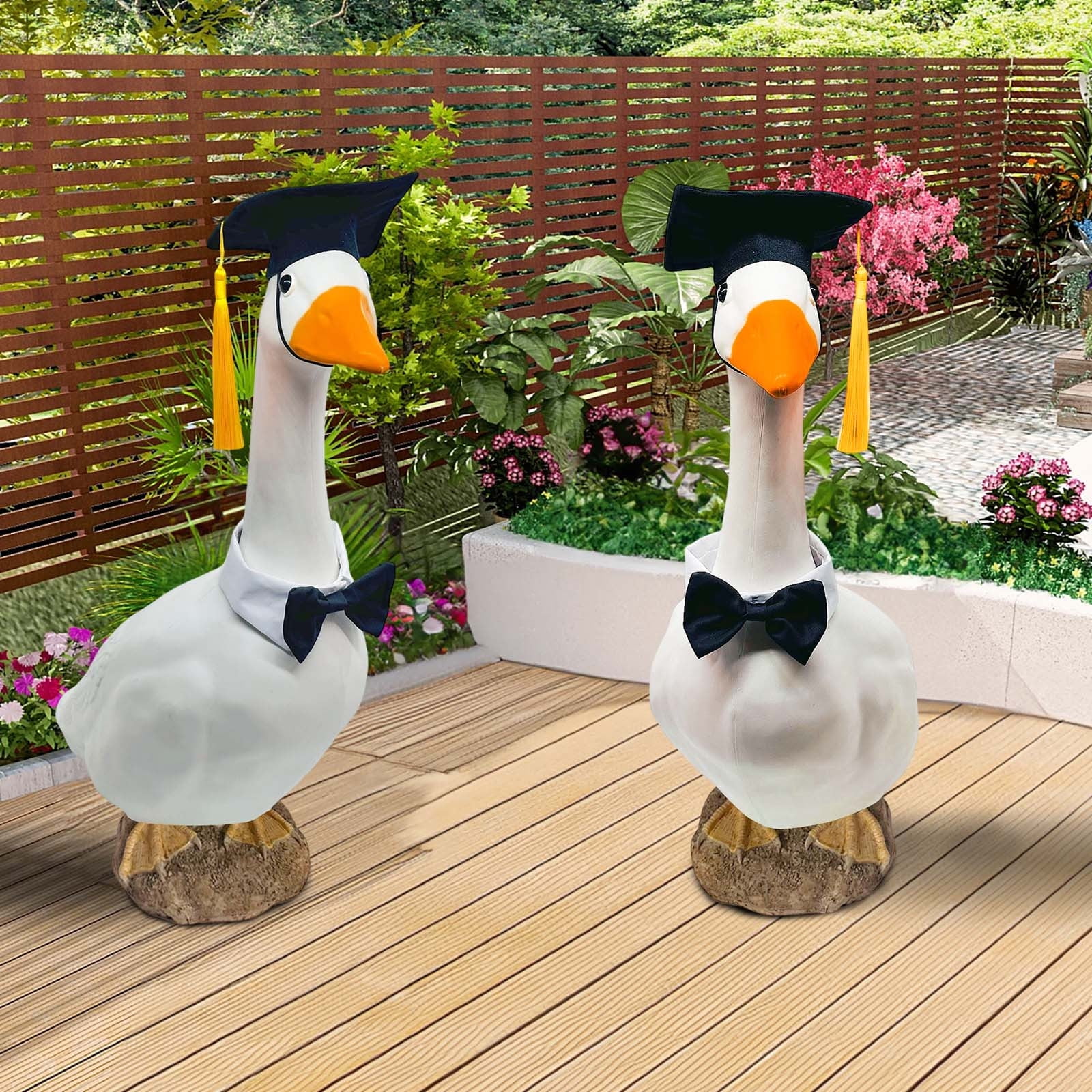 3Pcs Graduation Decoration, Fufafayo Graduation Season Bachelor's Hat Big White Goose Yard Decoration, Cap And Bow Tie Ornament for Lawn, Porch Or Garden Festive Display, Black Fabric Sculpture