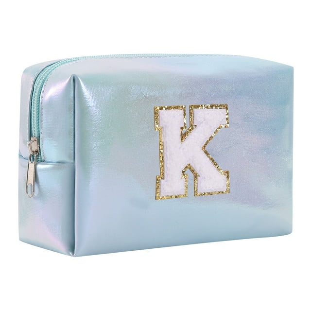 Bolsa de maquillaje con letras bordadas de gran capacidad, neceser, bolsa de viaje, bolso de mano, bolso de cosméticos, azul