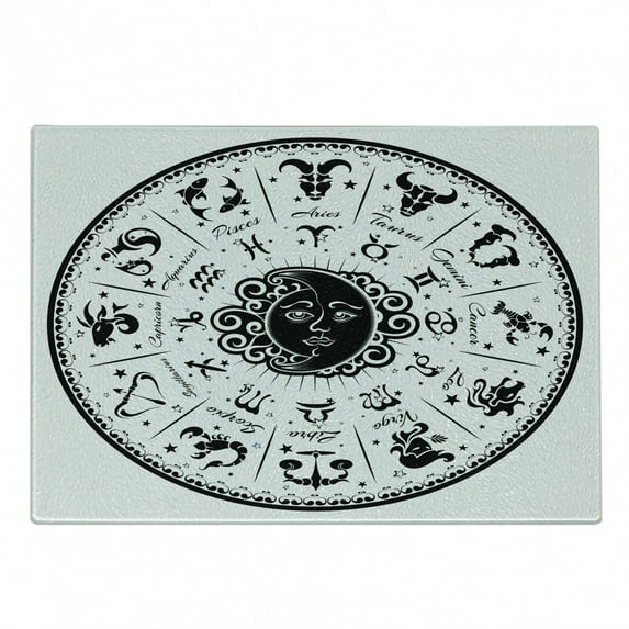 Zodiac Cutting Board, Minimalist Rounded Outer Space Effects on Character Image Print, Decorative Tempered Glass Cutting and Serving Board, Small Size, Black White, by Ambesonne