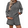 thumbnail image 2 of 2 Piece Sets for Women Summer Cute Stripe Long Sleeve Knit T Shirts Shorts Matching Lounge Set Black S, 2 of 8