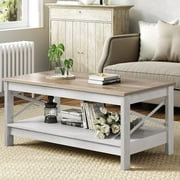 Dextrus Farmhouse Coffee Table 2-Tier Wood Center Table with Storage Shelf for Living Room, Gray, 39.7