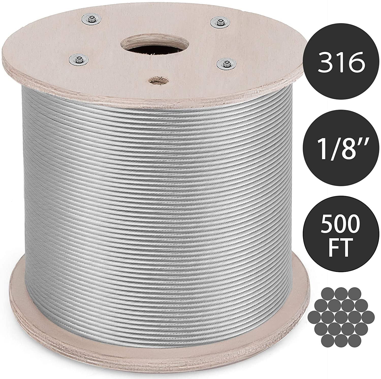 VEVOR T316 1/8" 1x19 Stainless Steel Cable Wire Rope (500FT)