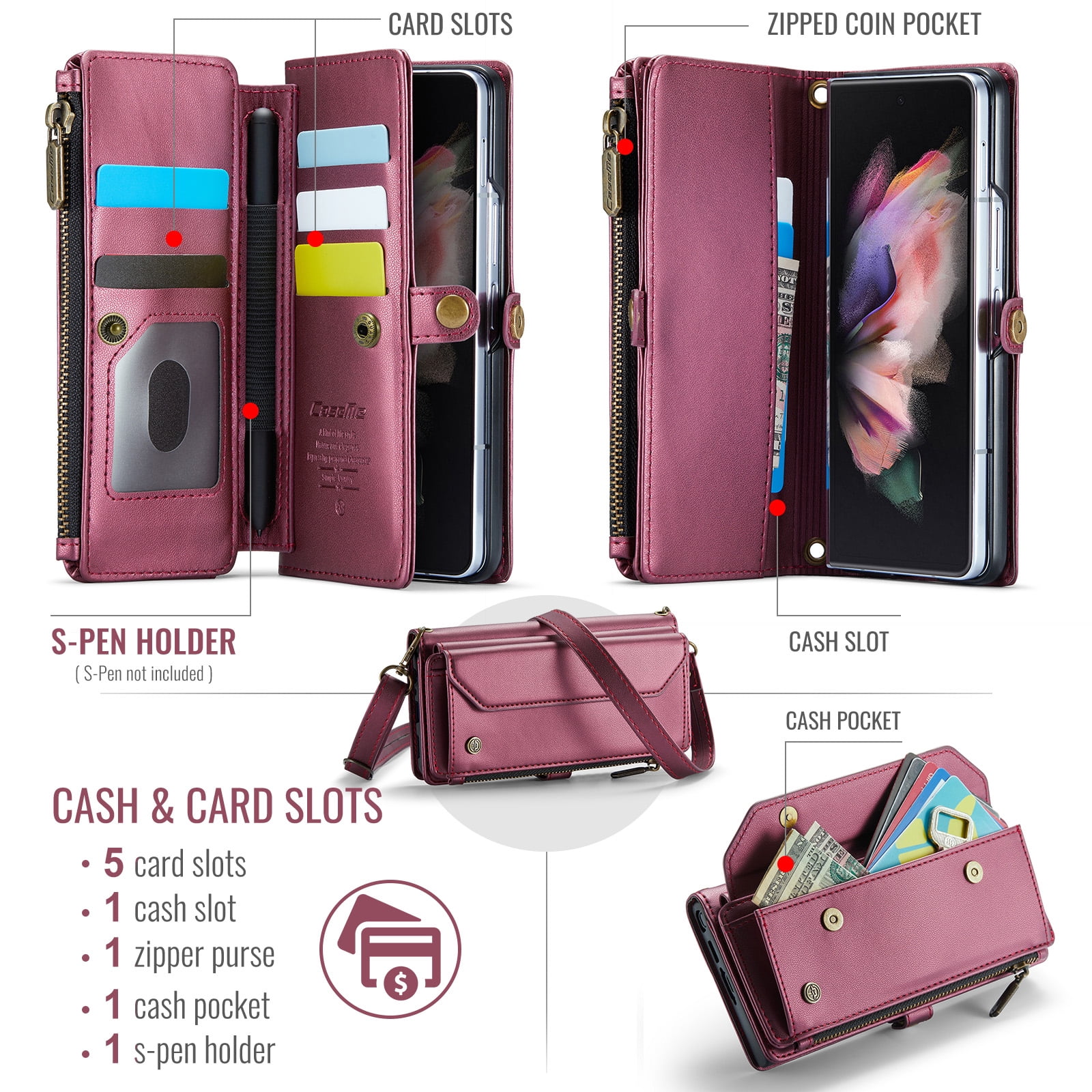 Dteck for Samsung Galaxy Z Fold 4 Case with RFID Blocking Wallet Case for Women Men, Shockproof PU Leather Magnetic Flip Strap Zipper Card Holder Phone Case,Winered