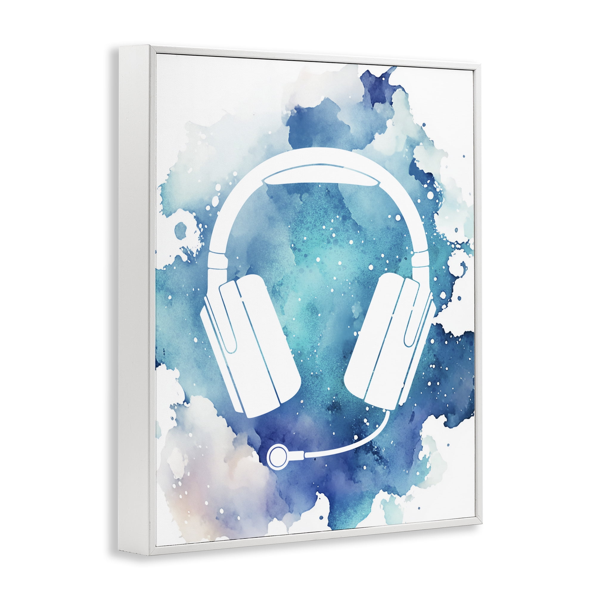 Blue Headphone Splatter White Framed Giclee Art, design by Marcus Prime