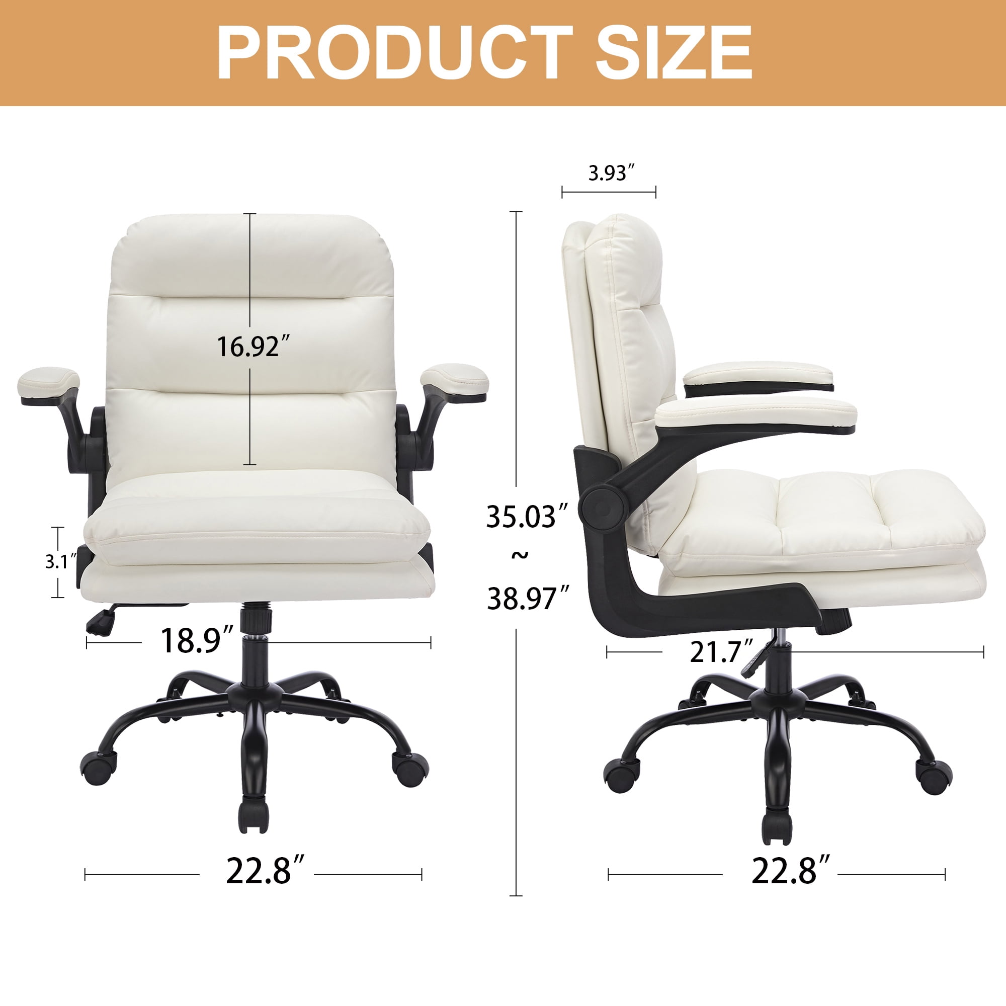 VECELO Ergonomic Office Chair, PU Leather Thick Padding Swivel Executive Computer Desk Chair With Upholstered Flip-Up Arms, White