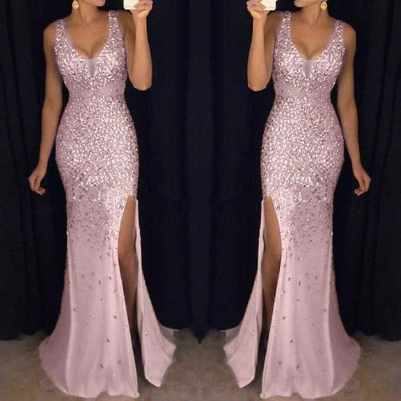 Women Sequin Prom Party Ball Gown Sexy Gold Evening Bridesmaid V Neck Long Dress