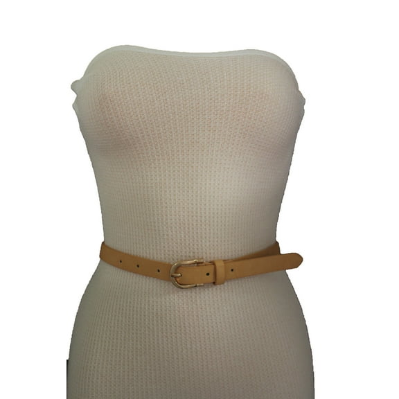 Women Beige Peach Fashion Belt Narrow Faux Leather Rusty Bronze Studs Buckle S M