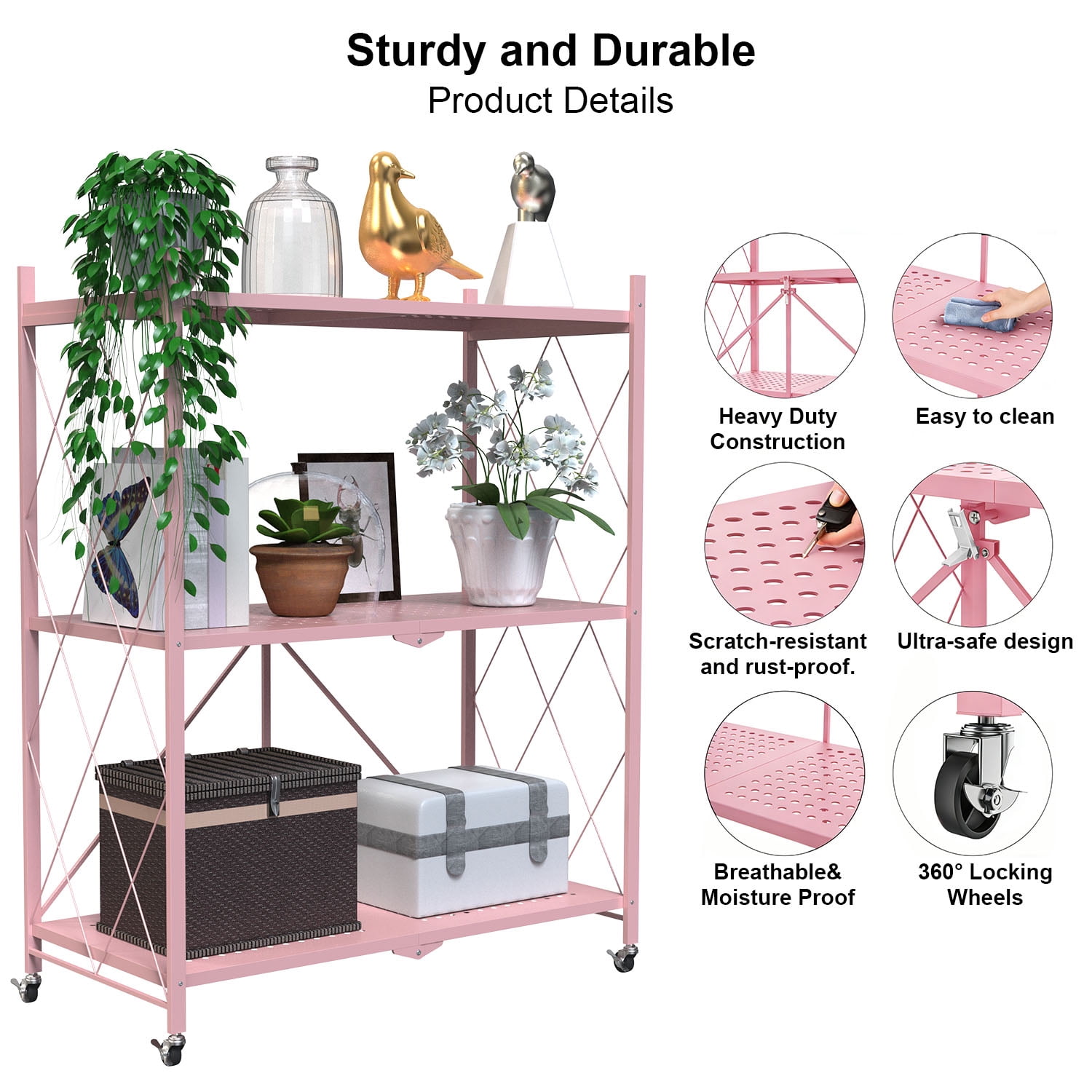 3 Tier Foldable Shelf with Wheels, Portable Carbon Steel No Assembly Organizer, Collapsible Rolling Standing Utility Storage Rack for Kitchen Pantry Office, Pink
