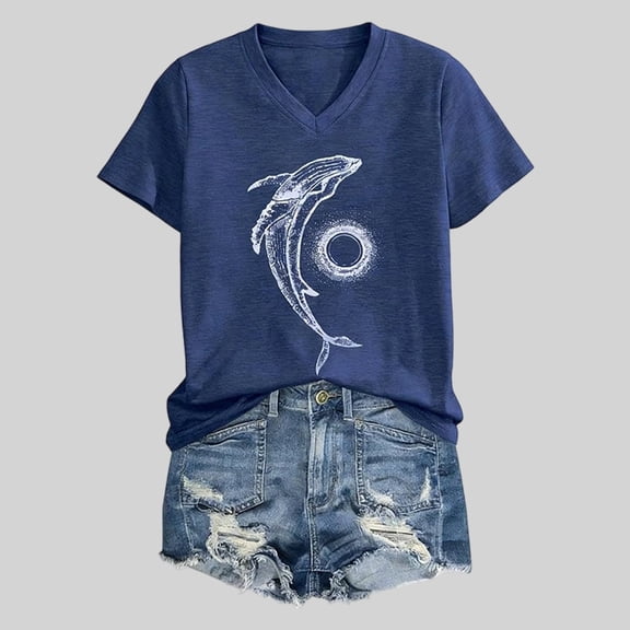 HCYSFG Women's Whale Animal Graphic Top Ladies Casual V Neck T Shirt Summer Retro Ocean Short Sleeve Plain Loose Fit Soft Comfy Everyday Wear Tee