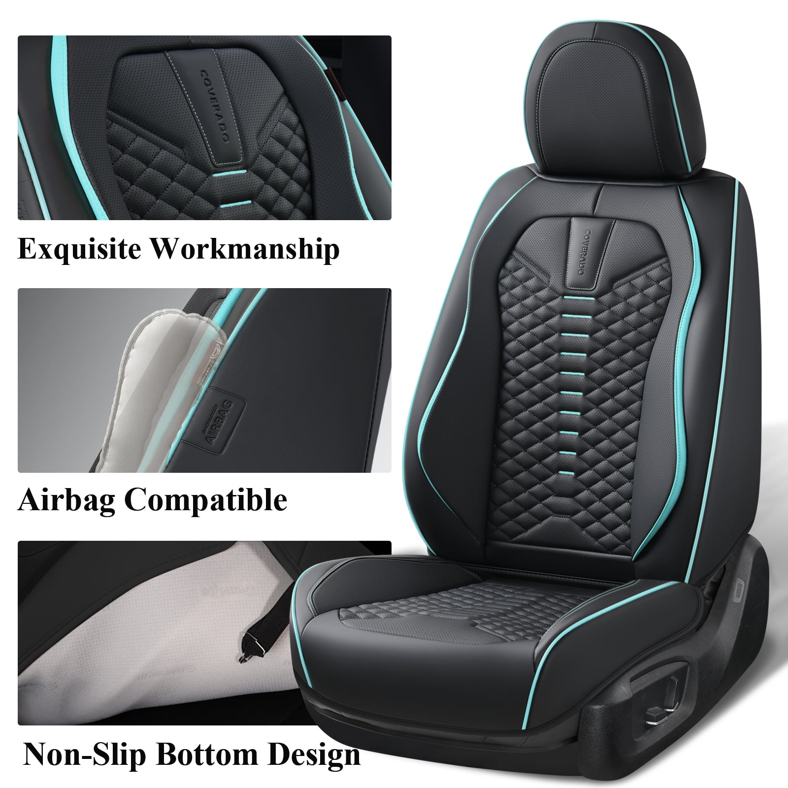 Coverado Black and Blue Trim Car Seat Covers Full Set, Premium Leather Front and Rear Split Bench Cover, Automotive Seat Protectors Universal Fit for Most Cars, SUVs and Trucks