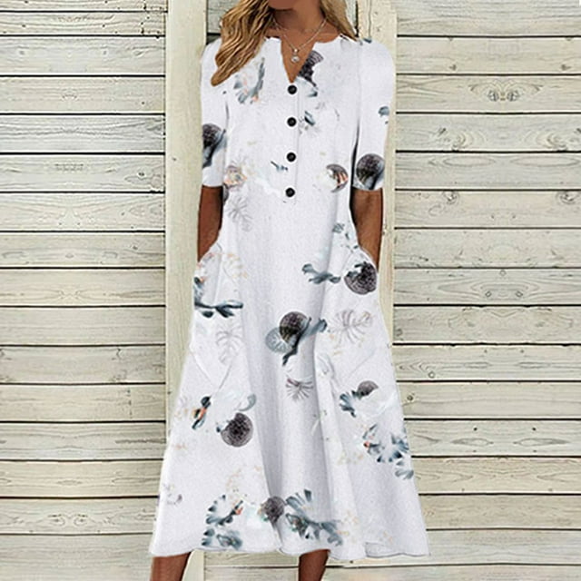 Robe de Plage Femme Décontractée à Manches Courtes Robes Taille Empire Robe sous le Genou Poches