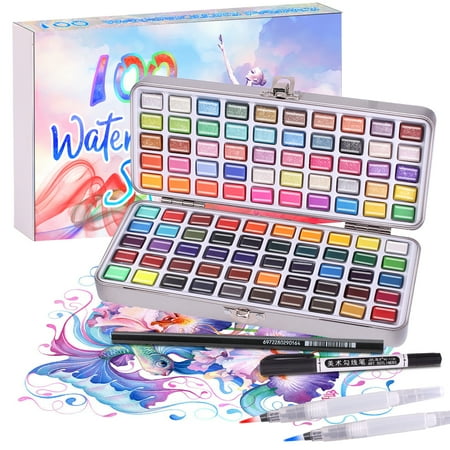 Watercolor Paint Set, 100 Vivid Colors in Pocket Box with Watercolor Brush, Perfect for Students, Kids, Beginners and More