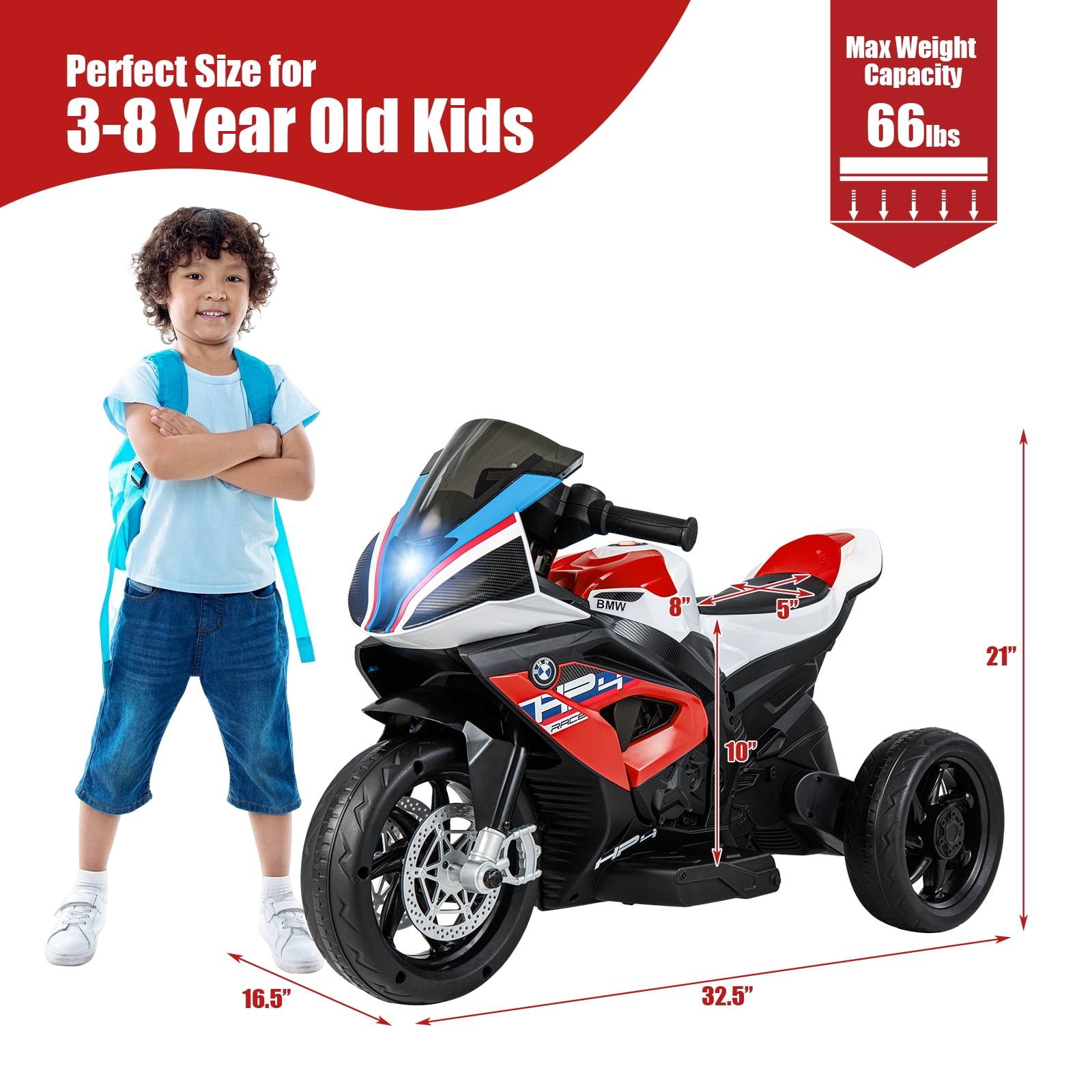 Infans 12V Kids Ride on Motorcycle Licensed BMW 3 Wheels Electric Toy w/ Light & Music