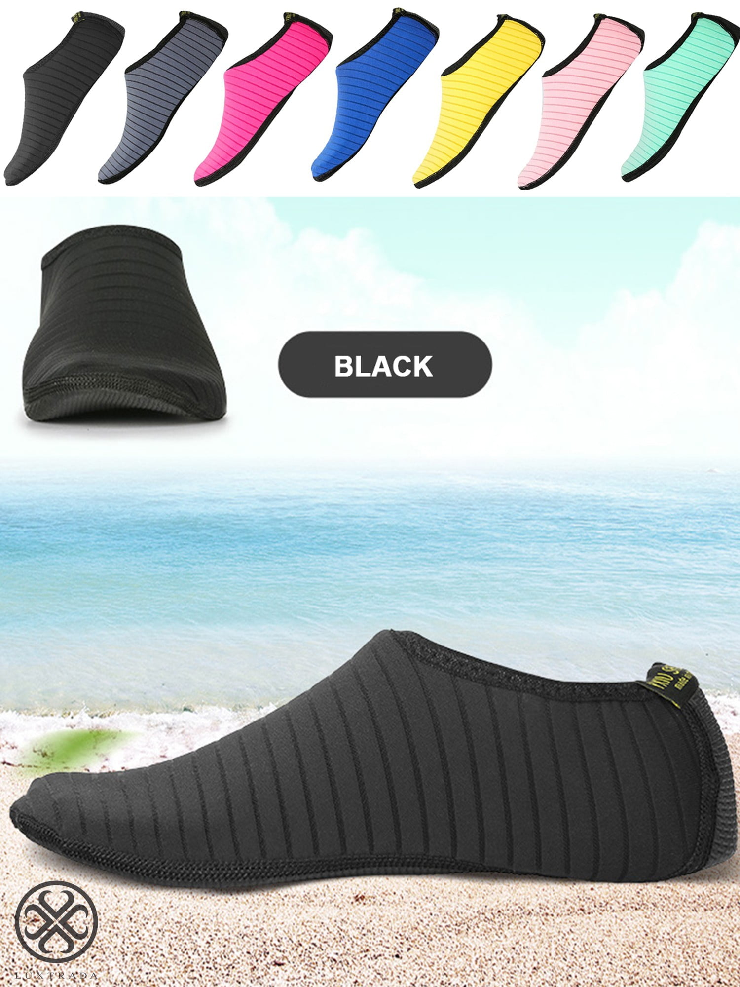 Luxtrada Womens and Mens Water Shoes Quick-Dry Aqua Strip Socks Barefoot Beach Socks for Outdoor Beach Swim Surf Yoga Exercise 'Black, L'