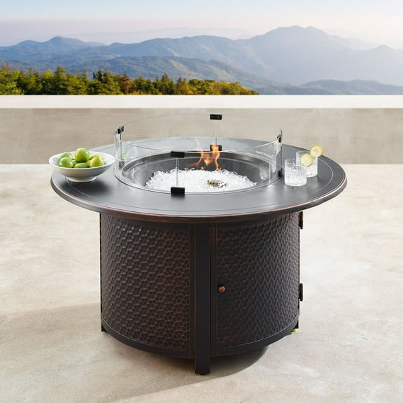 Outdoor Living and Style 44" Clear and Black Round Propane Outdoor Fire Table with Wind Blockers
