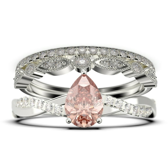 Gorgeous Art Deco 2.25 Carat Pear Cut Morganite And Diamond Moissanite Engagement Ring, Two Matching Band, Twisted Band Wedding Ring in 925 Sterling Silver With 18k White Gold Plating Gift For Her