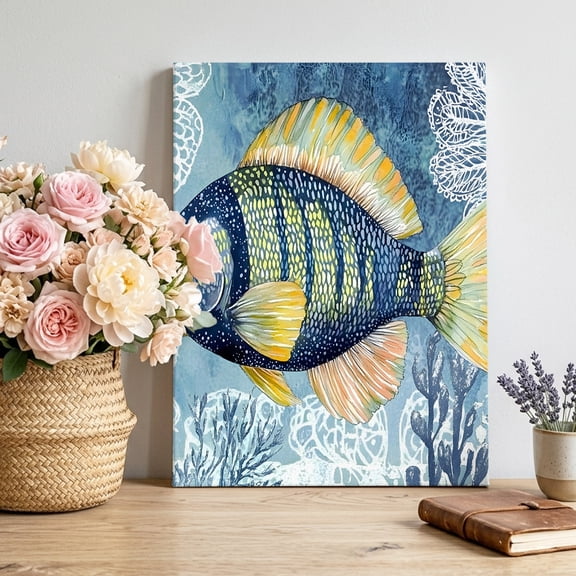 Canvas Wall Art, Blue Yellow Fish Framed Canvas Prints for Living Room Bedroom, Summer Ocean Watercolor Coral Large Gallery Wrapped Wall Decor for Home Office, Gifts, 16"x20" Ship Next Day