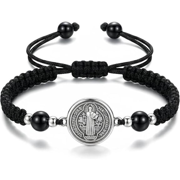St. Benedict Black Cord Bracelet for Men Women Adjustable Braided Rope Bracelet with Saint Benedict Medal Religious Protection Jewelry
