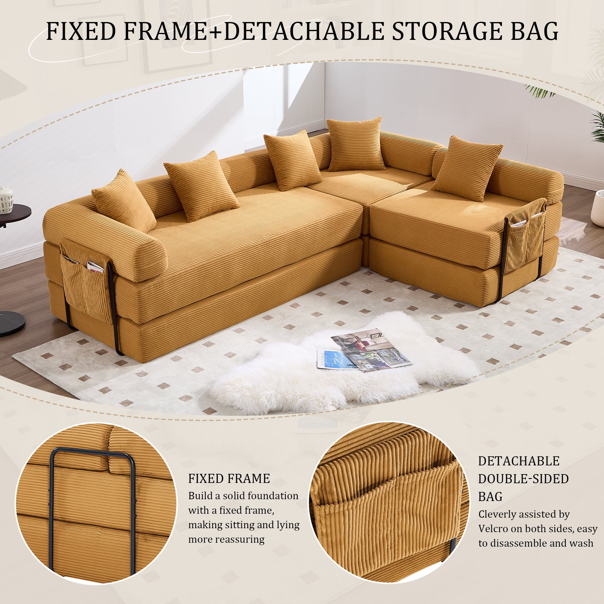 MOONMISS Corduroy Upholstered Convertible Folding Sofa Bed with Fixed Frame and Pillow Back Handrail-Yellow