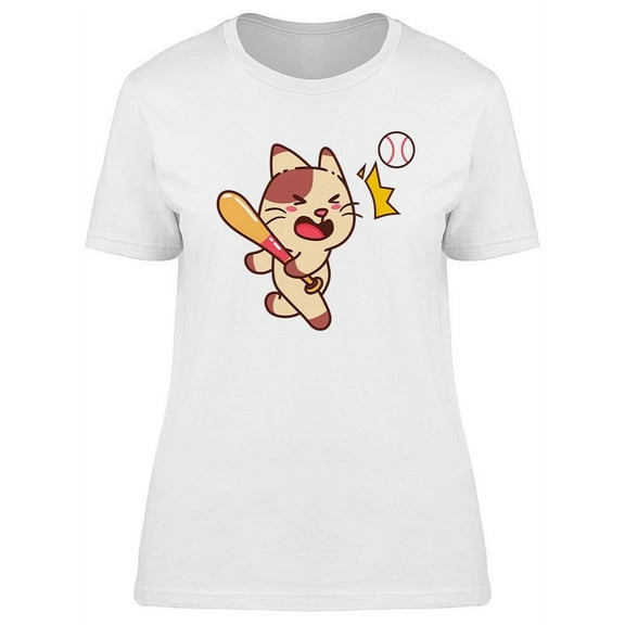 Cute Cat Playing Baseball T-Shirt Women -Image by Shutterstock, Female XX-Large