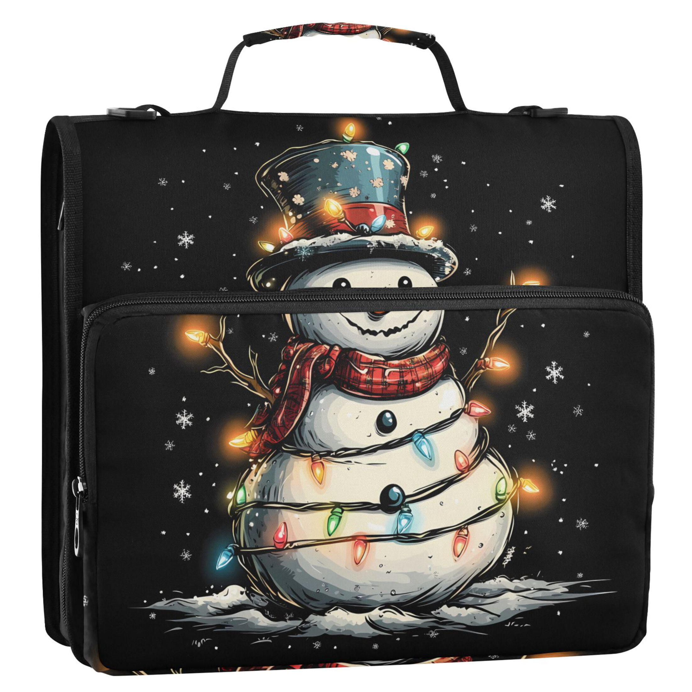 3 Ring Zipper Binder with Shoulder Strap Waterproof Trapper Keeper 2 Inch D-Ring 500 Sheets Capacity Happy Snowman with Colorful Lights
