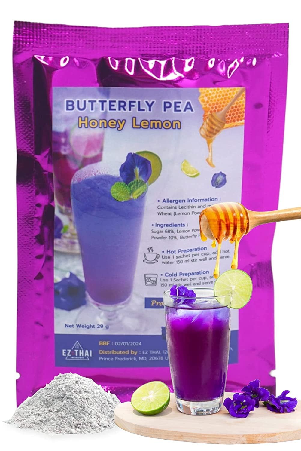 EZ THAI Honey Lemon Butterfly Pea Tea Mix Instant Tea Powder 5 Sachets