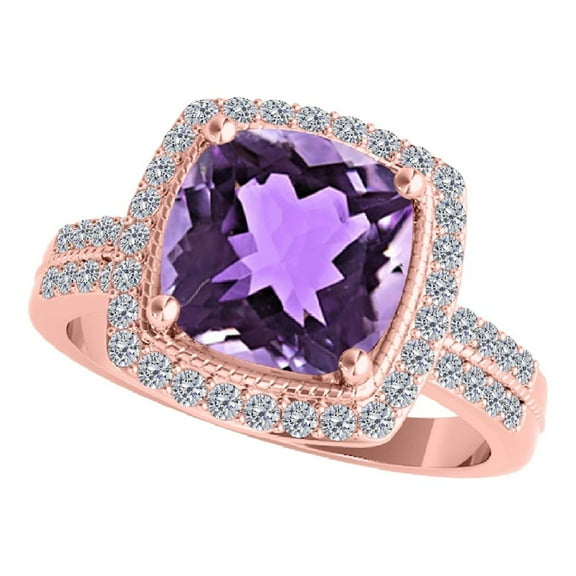 Mauli Jewels Rings for Women 2.58 Carat Diamond and Cushion Cut Amethyst Ring Prong 14K Rose Gold