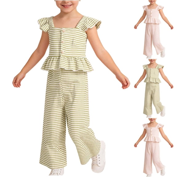 Babcutegg Girls Summer Outfit Set – Solid Color Short Sleeve Round Neck Blouse & Matching Pants Two-Piece Set for Toddlers and Kids Pink Size 6-7