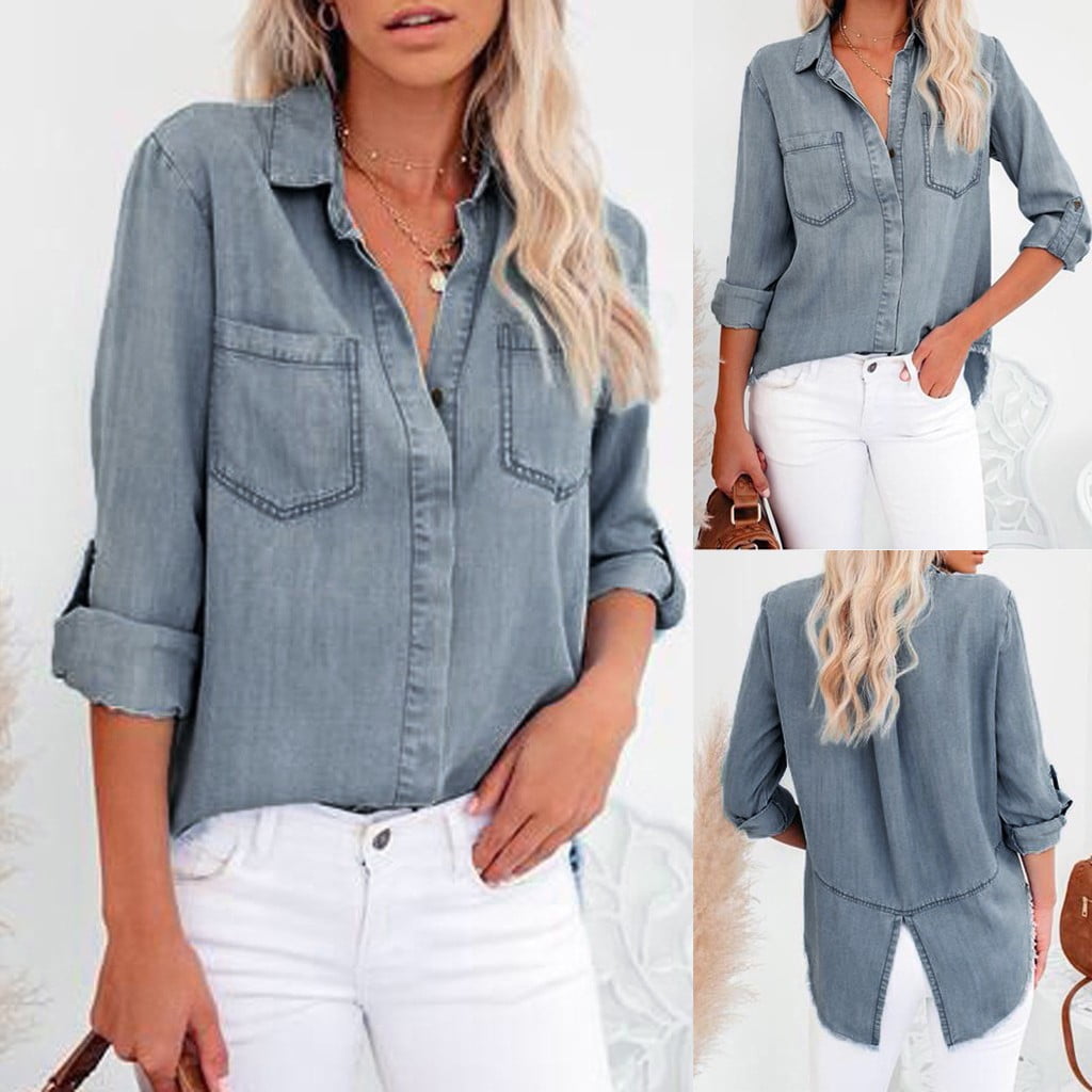 Womens tops Womens Denim Shirt Pocket 