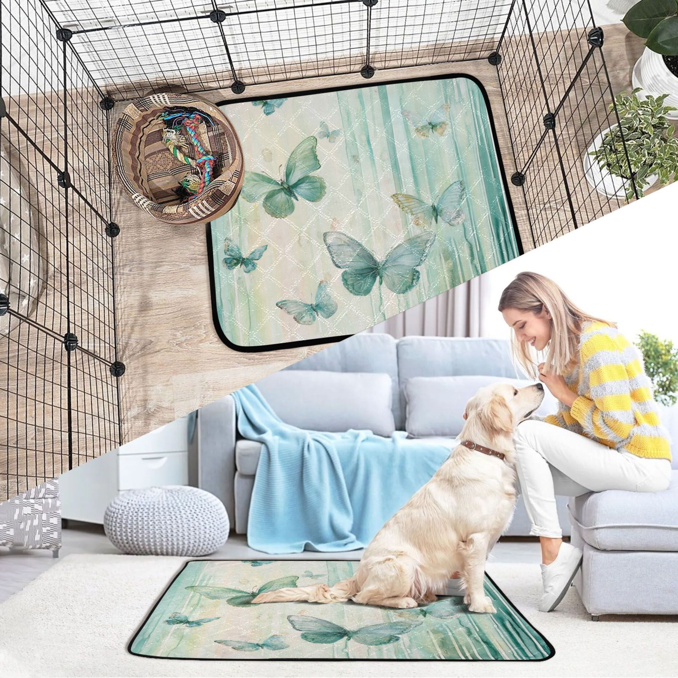 Qxltty Light Green Butterfly Cat litter Pads Pet Set of 3 Diaper Mats Center Anti-leakage Layer Absorbent Soft and Comfortable
