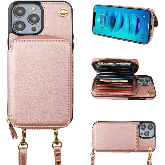 Crossbody Wallet Case for iPhone 14 Pro, RFID Blocking Leather Purse Case with Card Holder, Protective Handbag Flip Cover with Slot Zipper Wrist Strap Lanyard for Women 5G 6.1 Inch (Rose Gold)