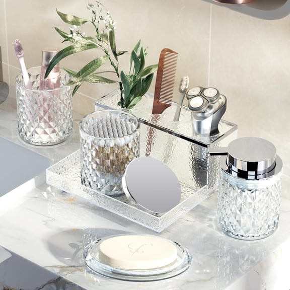 5-Piece Clear Crystal Glass Bathroom Set - Foaming Soap Dispenser, Toothbrush Holder, Qtip Jar & Tray