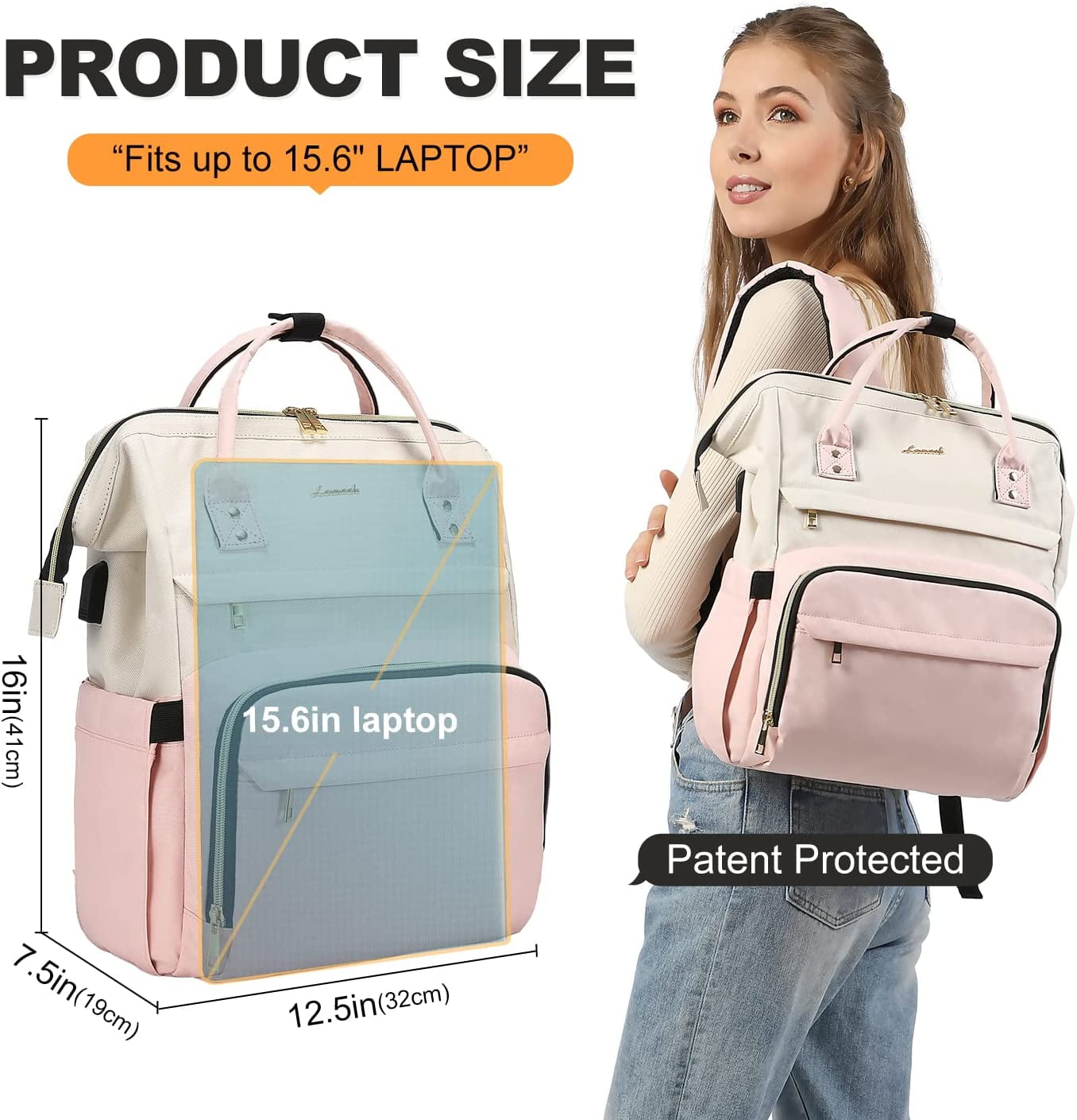 Lovevook Laptop Bag 15.6",Women Work Computer Bag Teacher Nurse Backpack Purse with USB,Waterproof Travel Backpack College Bookbag(Beige-Pink)