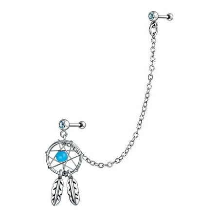Double Chain Stud - Dream Catcher Chain Aqua Bead Double Piercing Single Ear Earring For Women Cartilage Stud 316L Steel