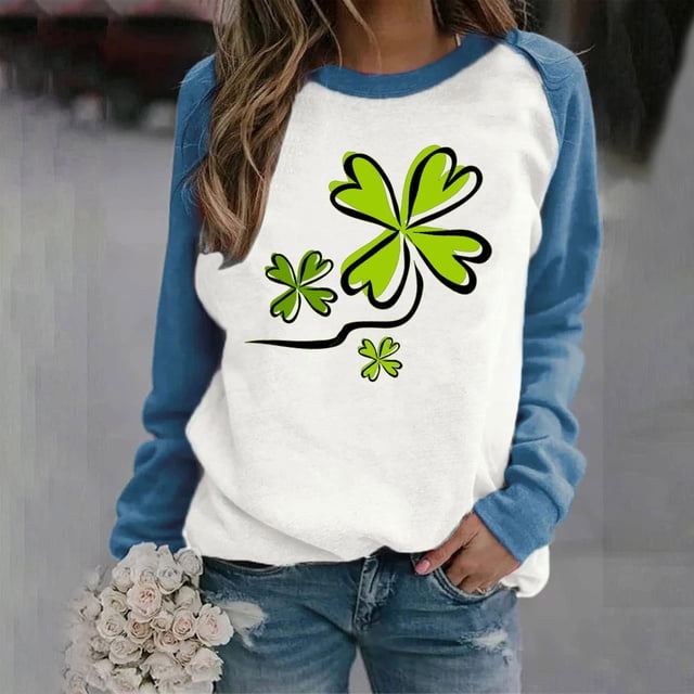 Chandails de la Saint-Patrick pour Femmes Dames T-shirt à Col Rond Imprimé à Manches Longues de la Saint-Patrick Haut Ample Chandails pour Femmes