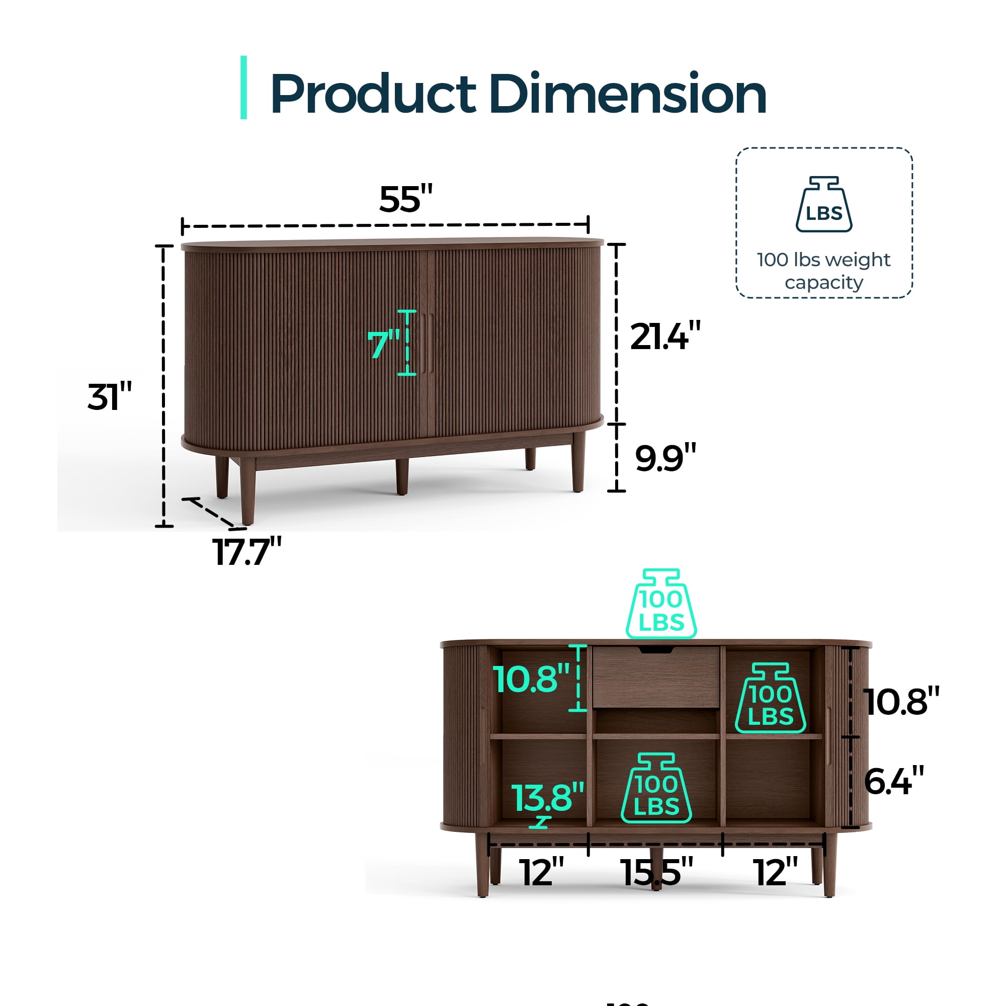 LINSY HOME Fluted Pantry Storage Cabinet, Kitchen Cabinets with Sliding Tambour Door, Wide Storage Cabinet with Removable & Adjustable Shelves for Dining Room, Living Room, Bathroom, Walnut
