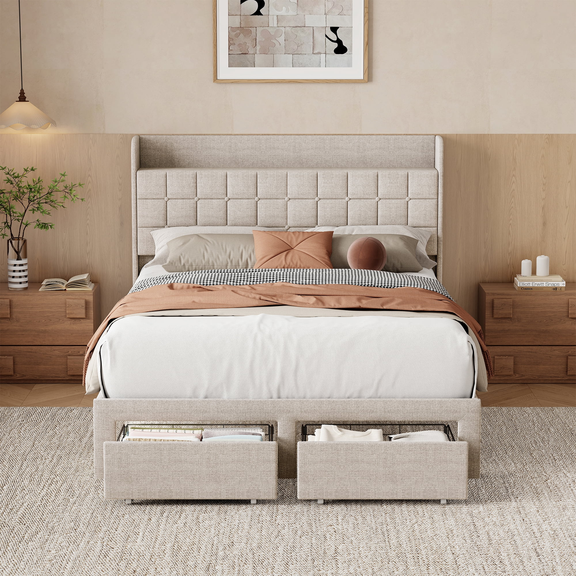 EDX Full Upholstered Platform Bed Frame with Storage Drawers and Fabric Headboard, Steel Support Frame, Beige