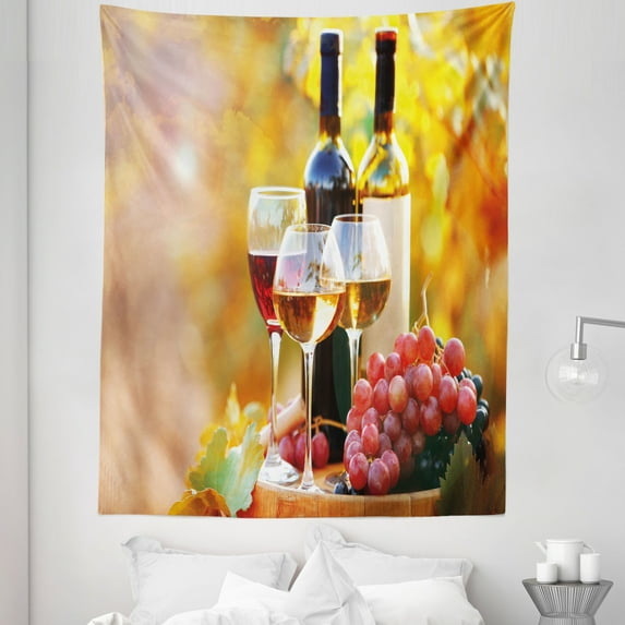 Wine Tapestry, Tasty Wine on Wooden Cask on Grape Plantation Countryside Harvest Rural Growth, Fabric Wall Hanging Decor for Bedroom Living Room Dorm, 5 Sizes, Orange Red Black, by Ambesonne