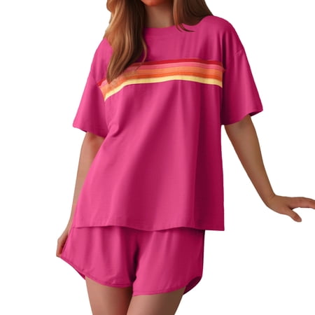 Laipiong Womens 2 Piece Sets Casual Short Sleeve Pullover Tops Matching Running Shorts Cozy Relaxed Fit Pajamas Set 2 piece outfit
